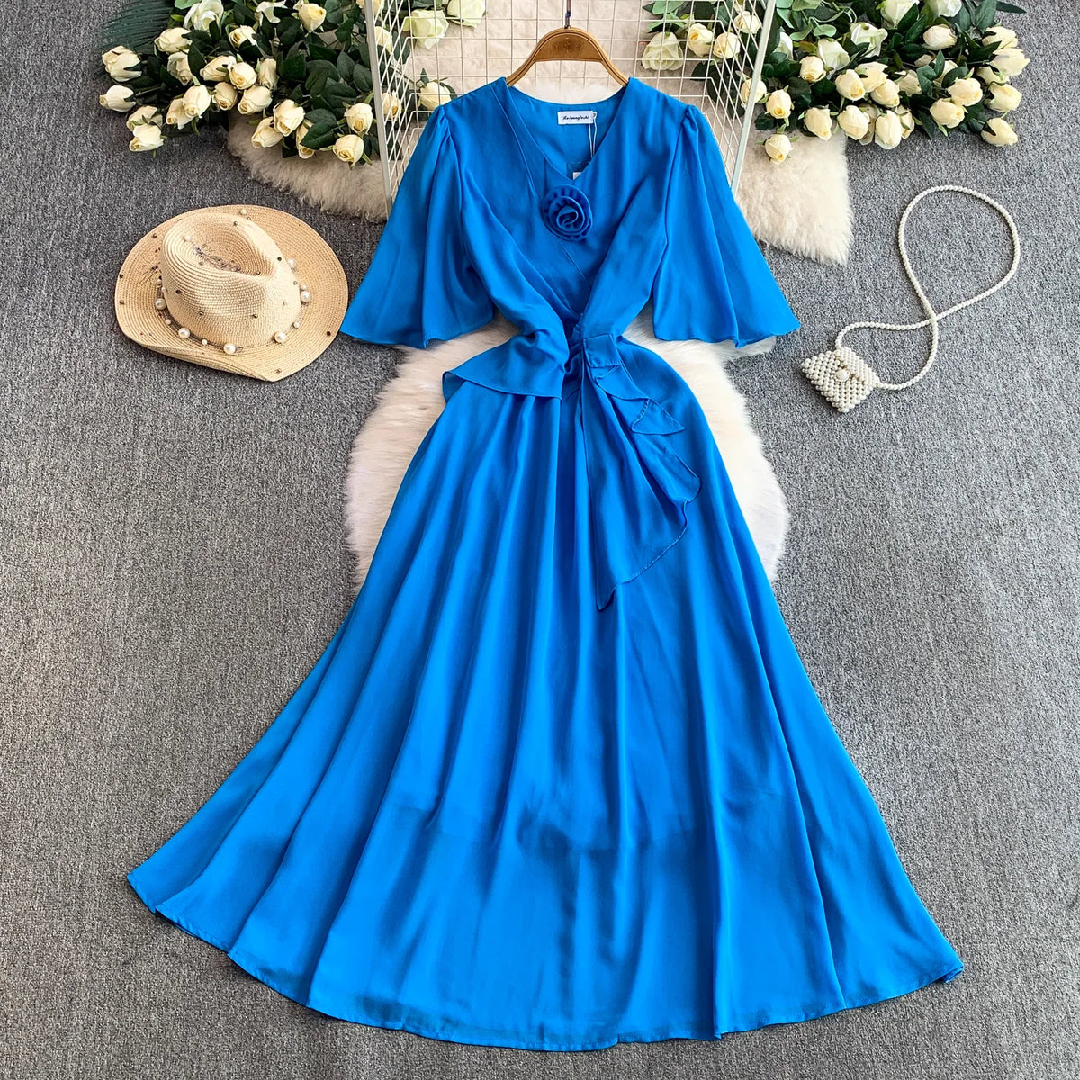 Short Sleeve V-Neck A-Line Dress