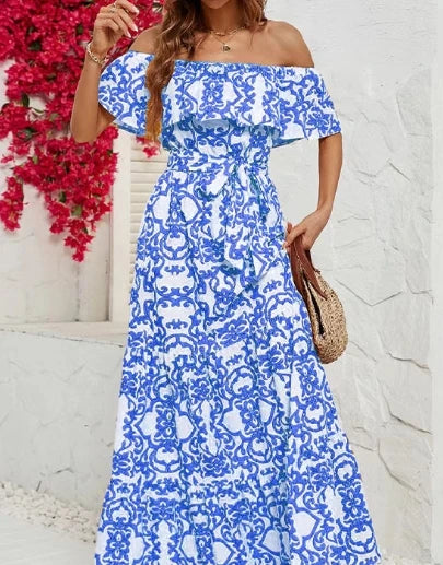 Print Chiffon Boat Neck Tie Waist Dress
