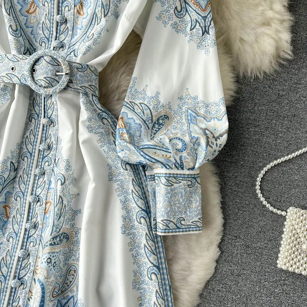 Belted Lantern Sleeve Maxi Shirt Dress