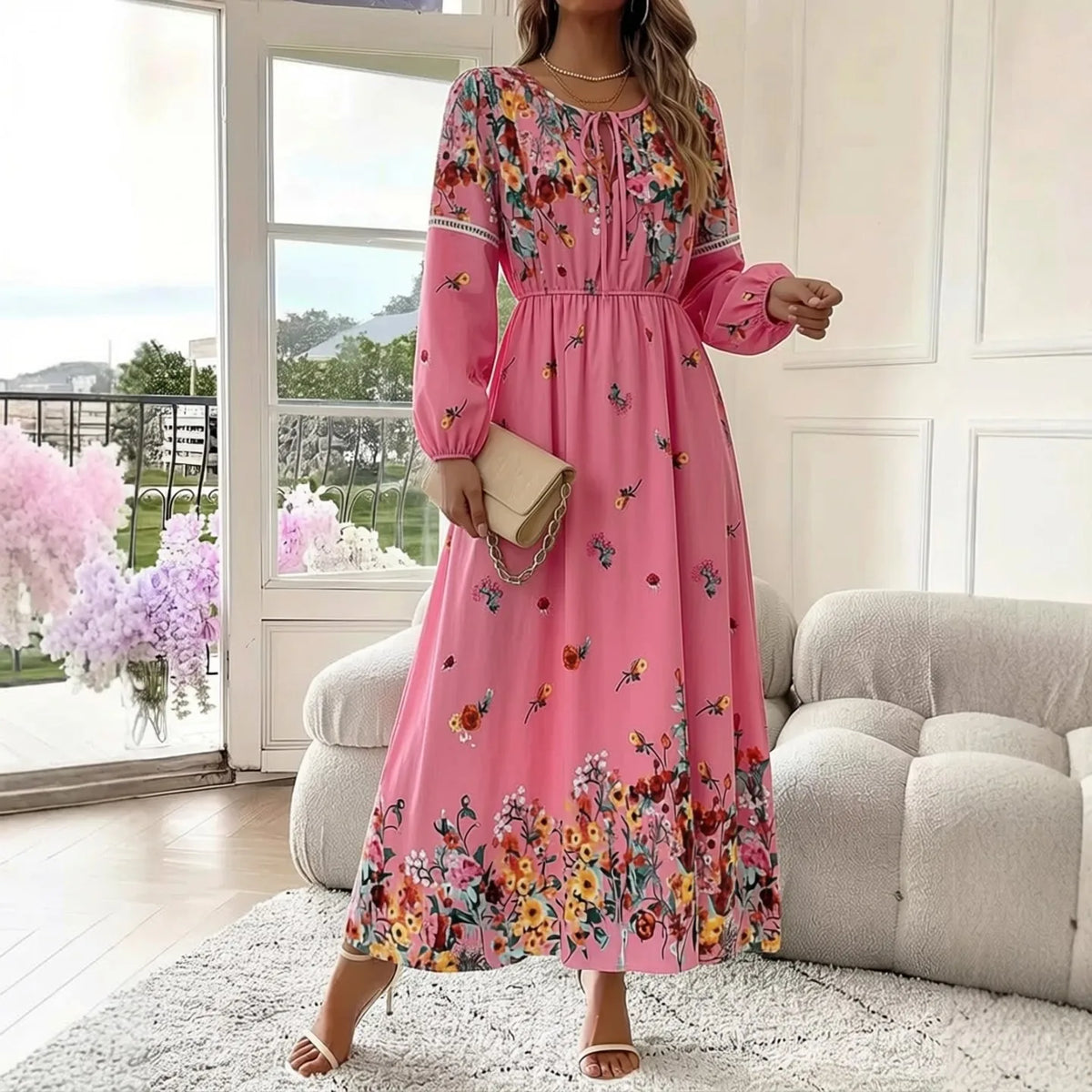 Floral Long Sleeve A-Line Maxi Dress
