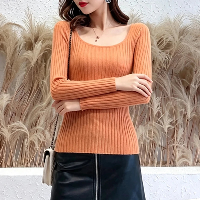 Ribbed Knit Fitted Pullover Sweater