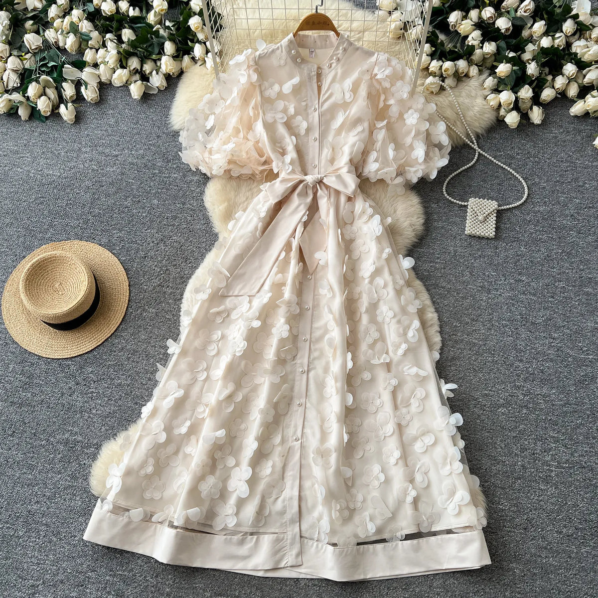 3D Floral Beaded A-Line Maxi Gown