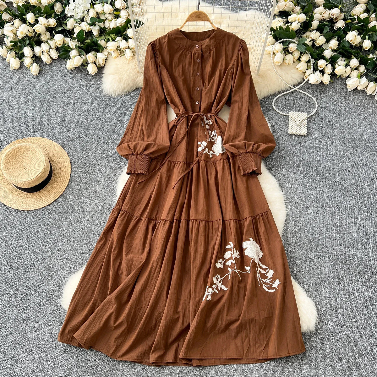 Rose Embroidered Long Sleeve Dress