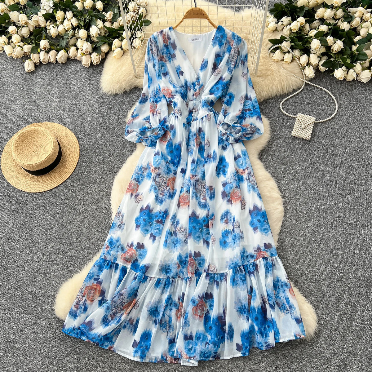 Ruffle Print Long Sleeve Maxi Dress