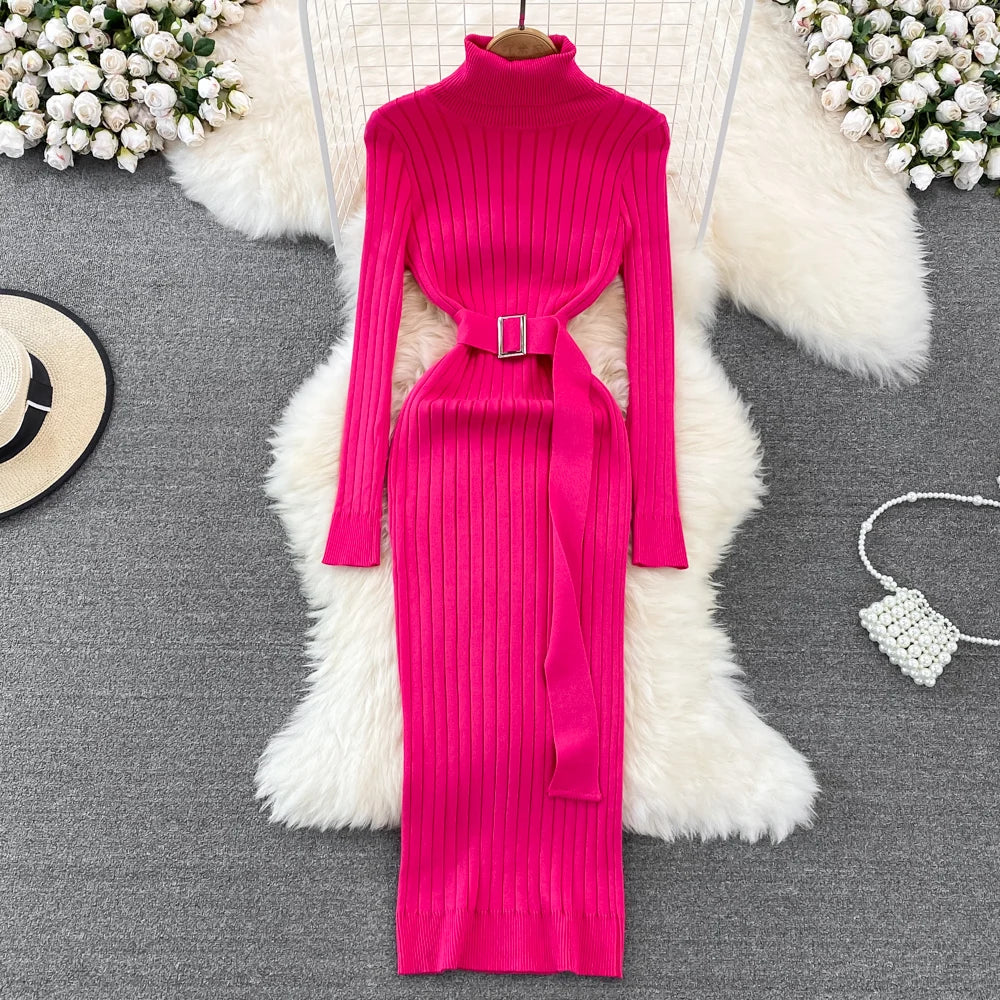 Belted Turtleneck Knit Bodycon Sweater Dress