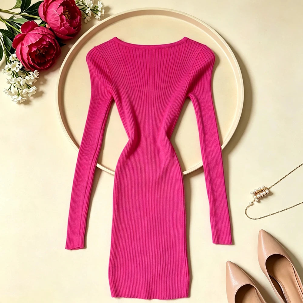 Beaded Knit Bodycon Mini Dress With Scarf