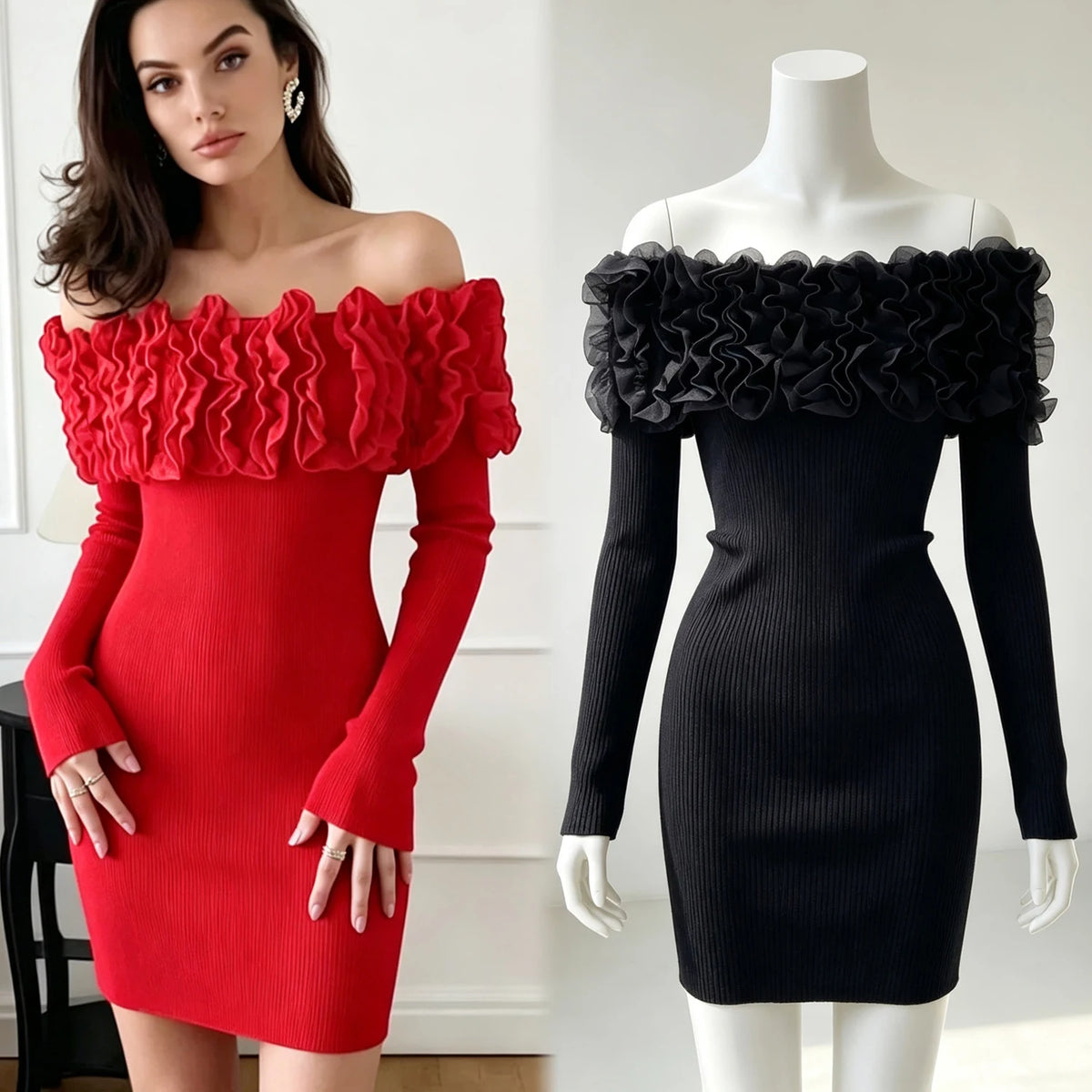 Off-Shoulder Ruffled Knit Mini Dress