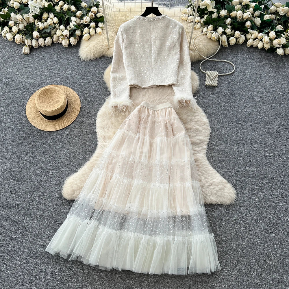 Beaded Mesh High Waist Two-Piece Set