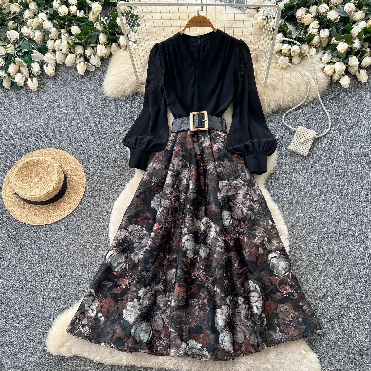 French Print Belted A-Line Swing Dress