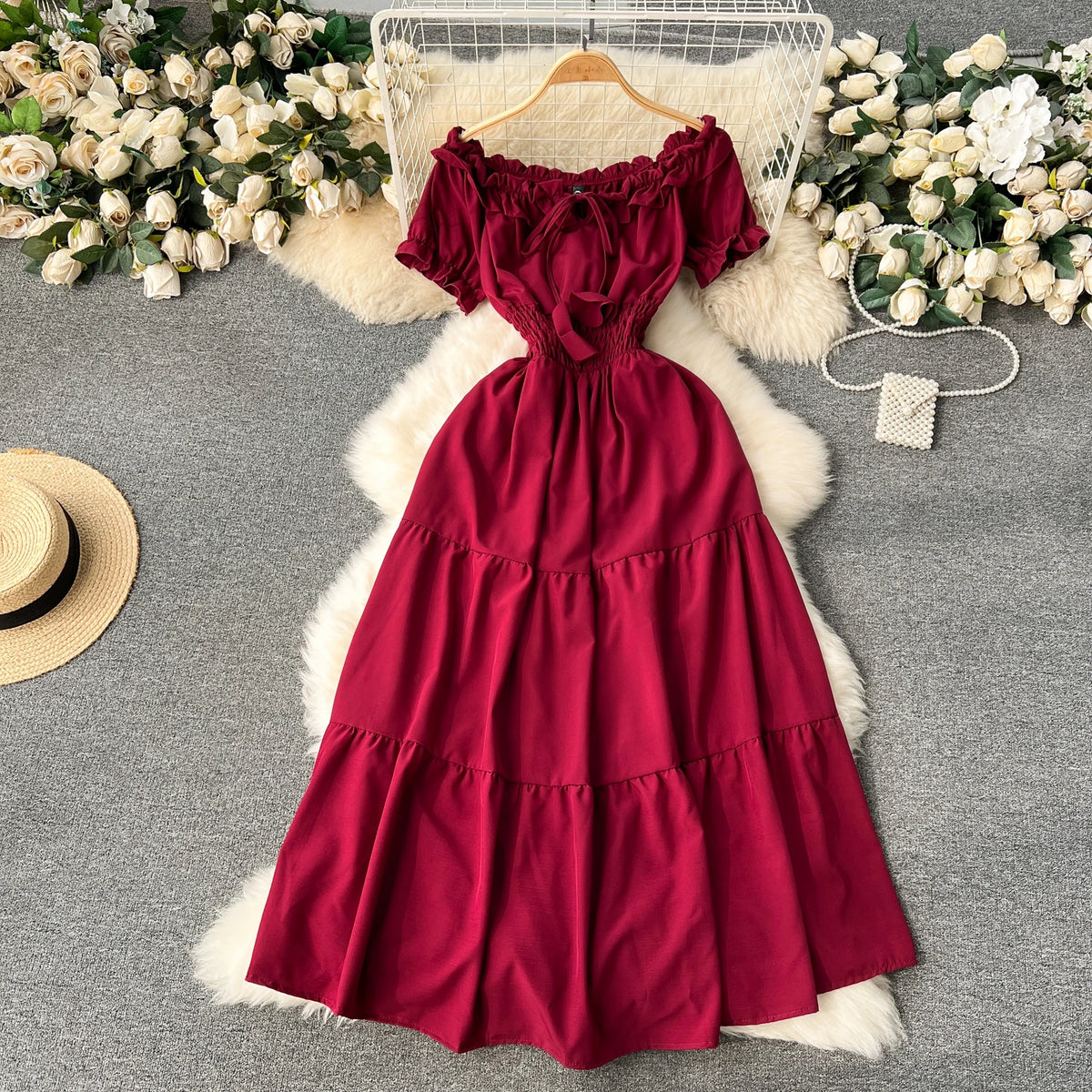 Chiffon Boat Neck Short Sleeve Dress