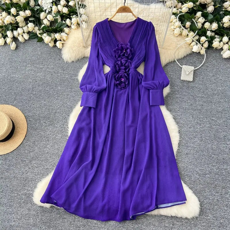 3D Floral V-Neck Lantern Sleeve Dress