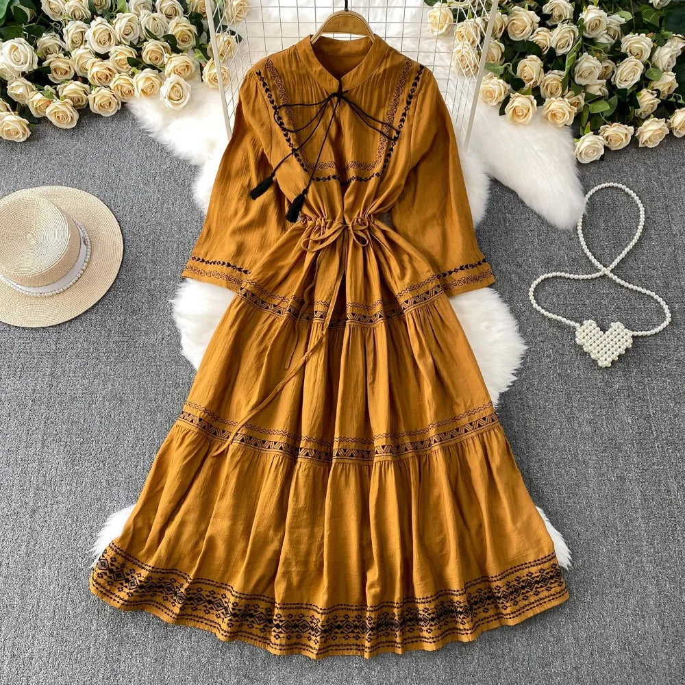Embroidered Lace-Up A-Line Beach Dress