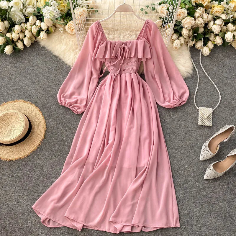 Ruffle Chiffon Puff Sleeve A-Line Dress