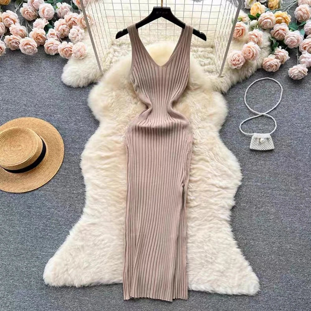Ribbed Split Knit Bodycon Slip Dress