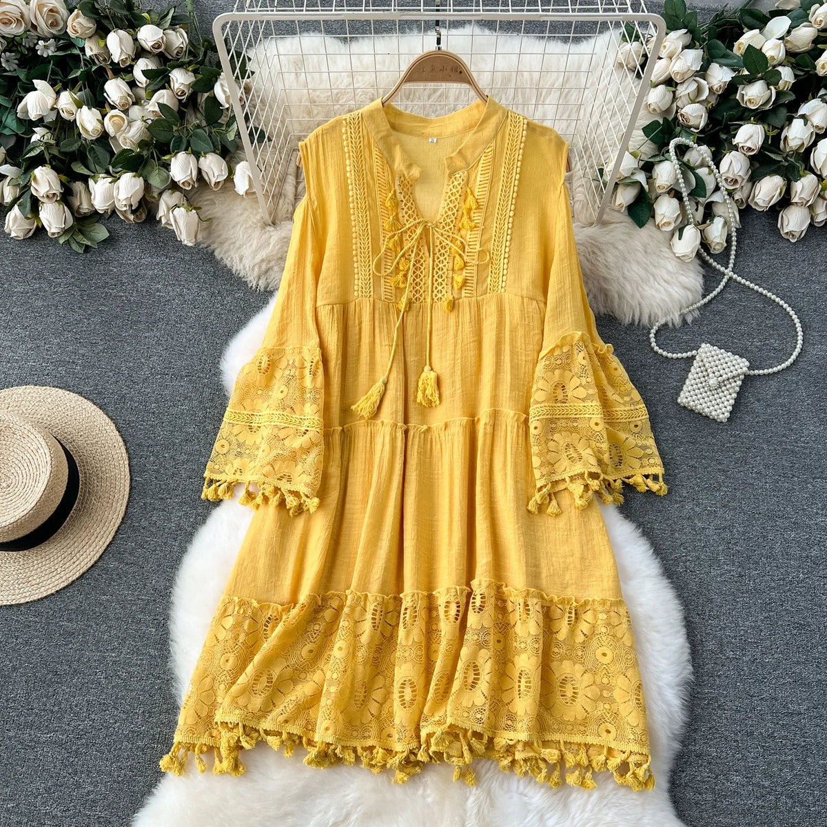 Lace Tassel Flare Sleeve V-Neck Dress