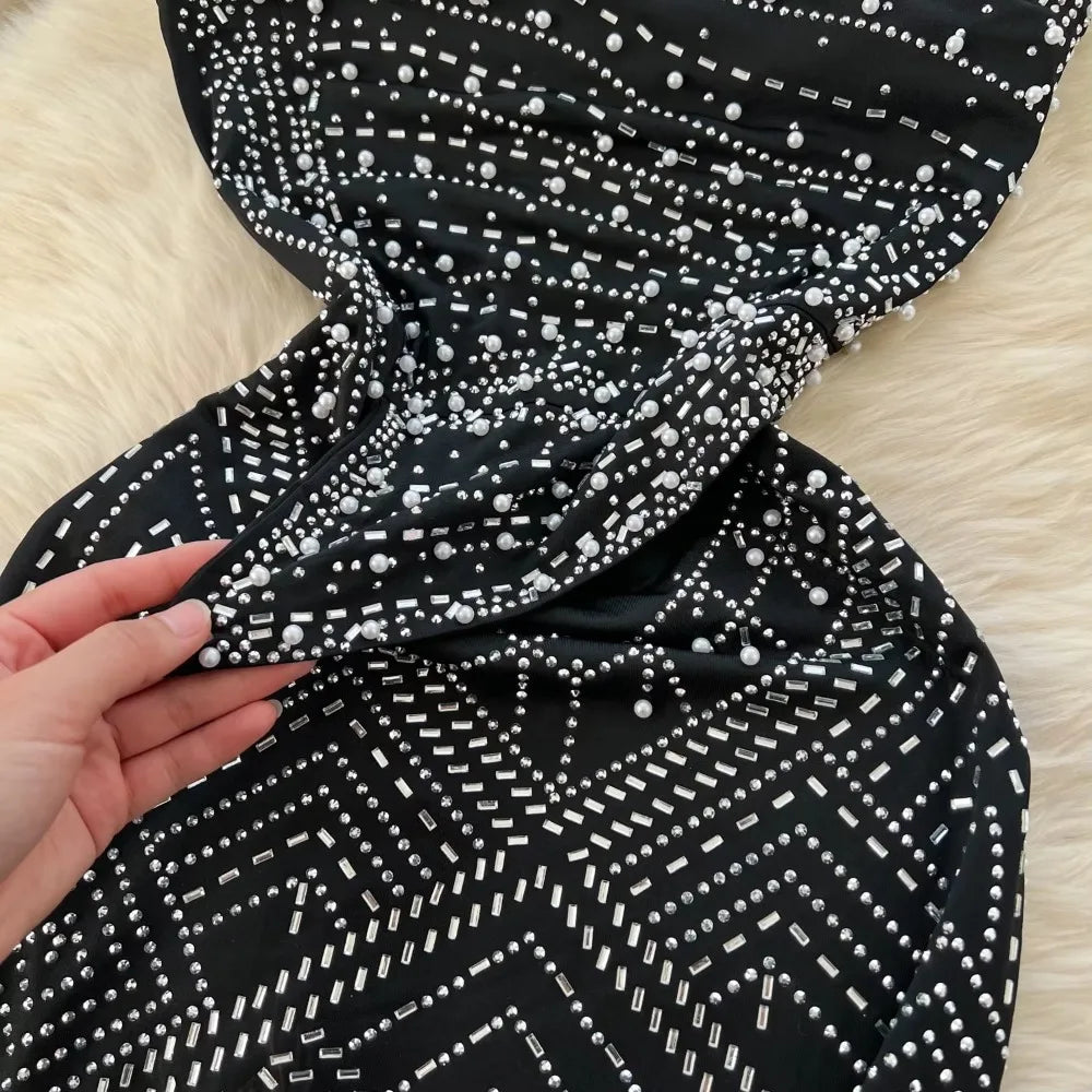Embroidered Beaded Diagonal Shoulder Long Dress