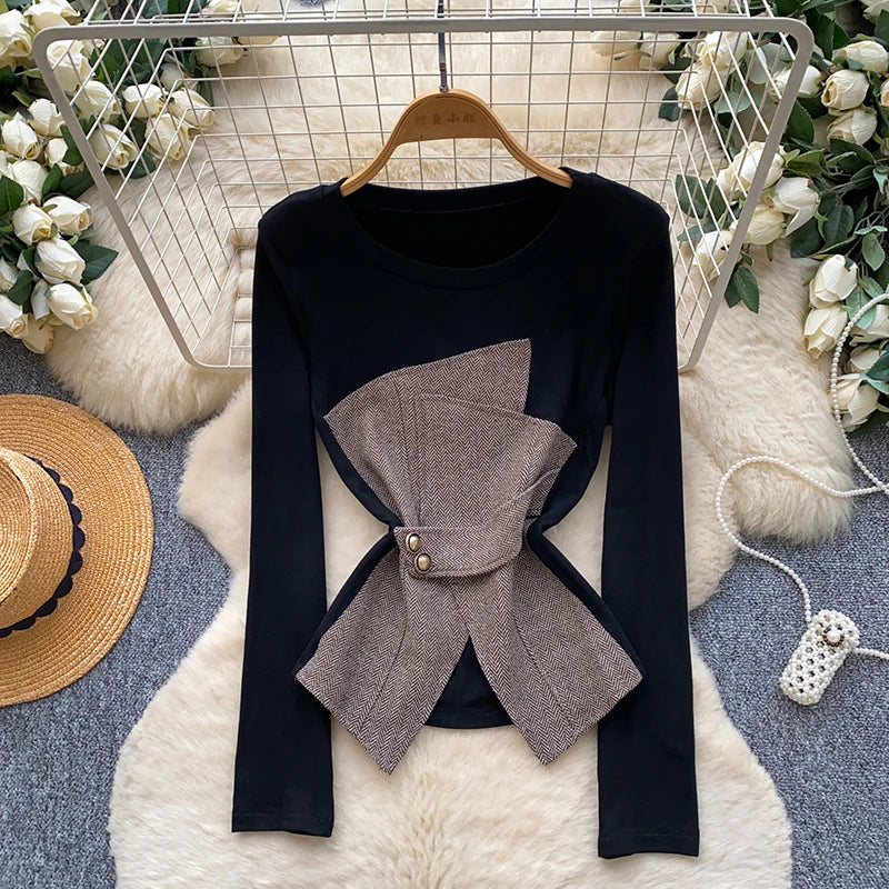 Tweed Panel Tie Waist Peplum Blouse