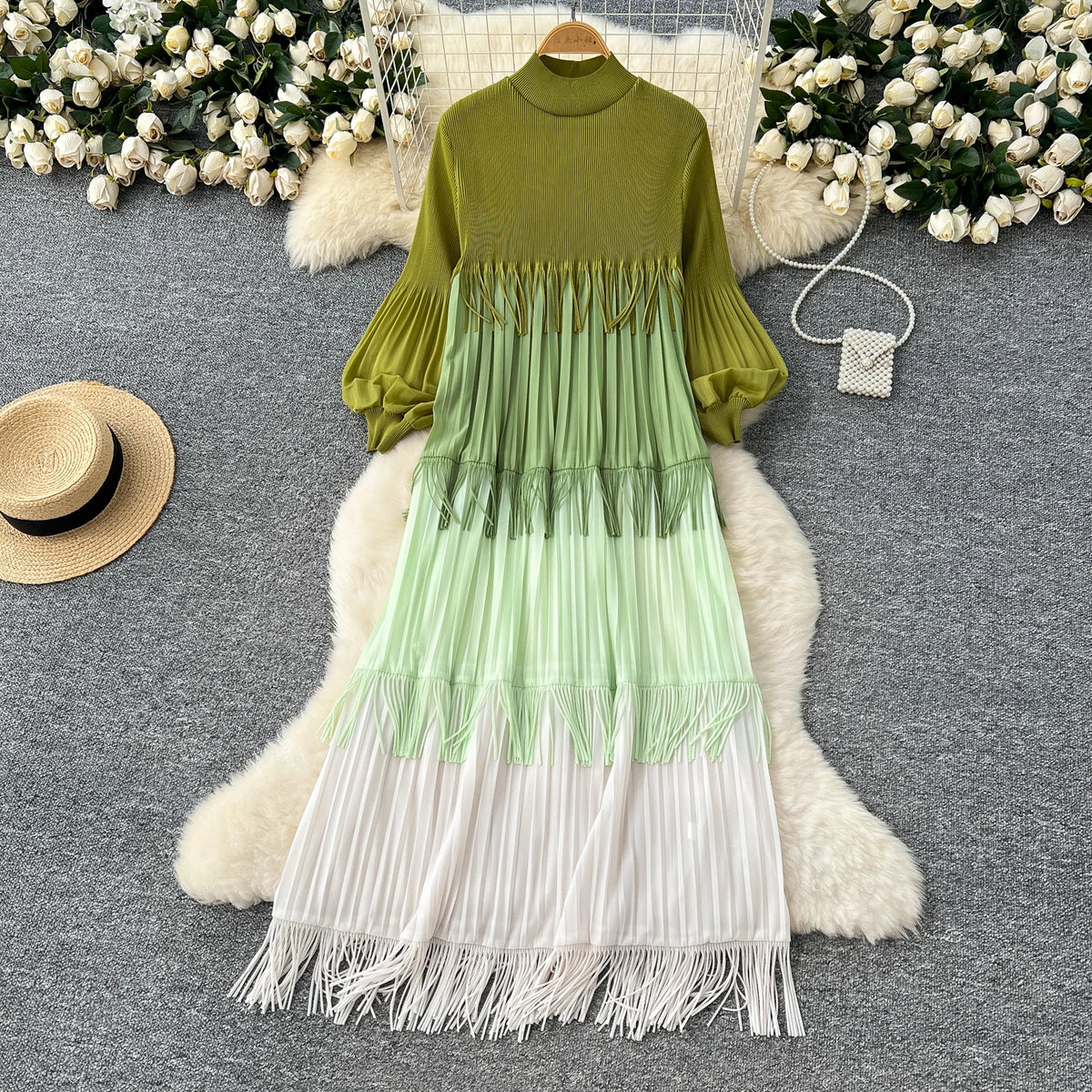 Tassel Patchwork Lantern Sleeve Dress