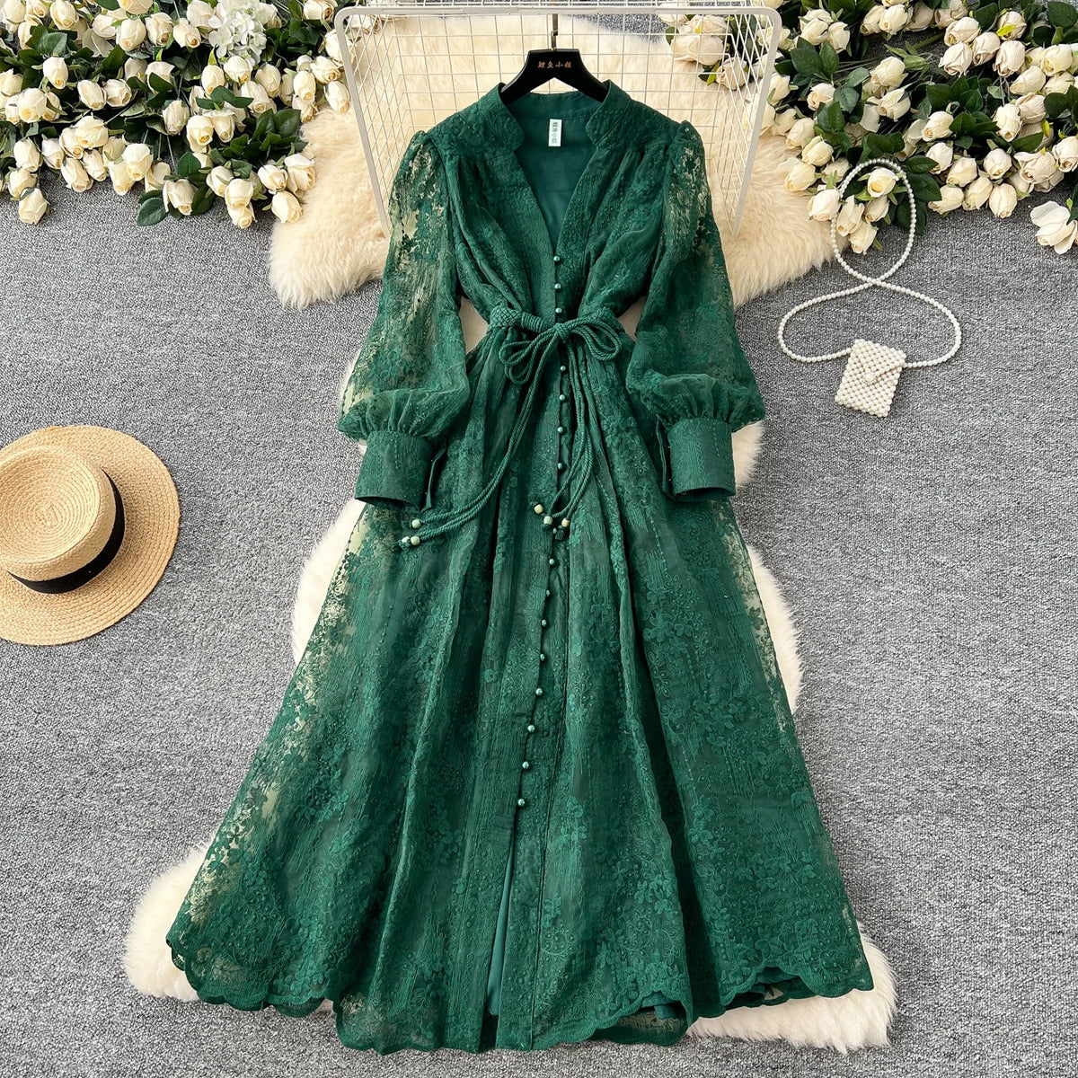 Mesh Drawstring V-Neck Print Dress