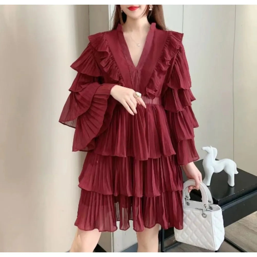 Vintage Ruffle Tiered Flare Sleeve Mini Dress