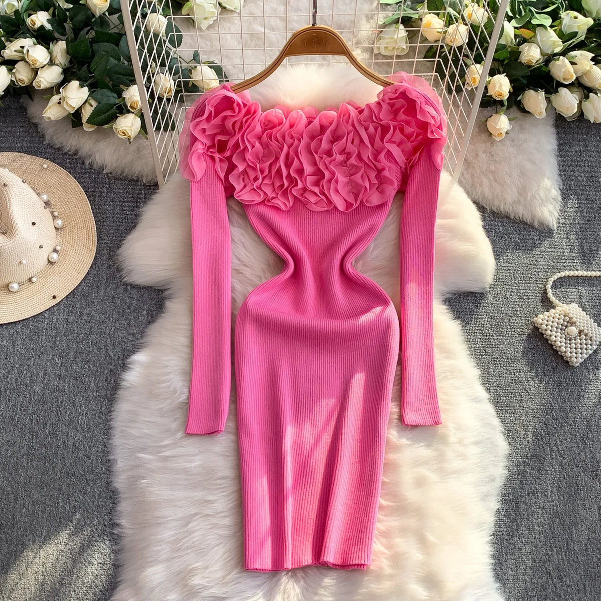 Off-Shoulder Ruffled Knit Mini Dress