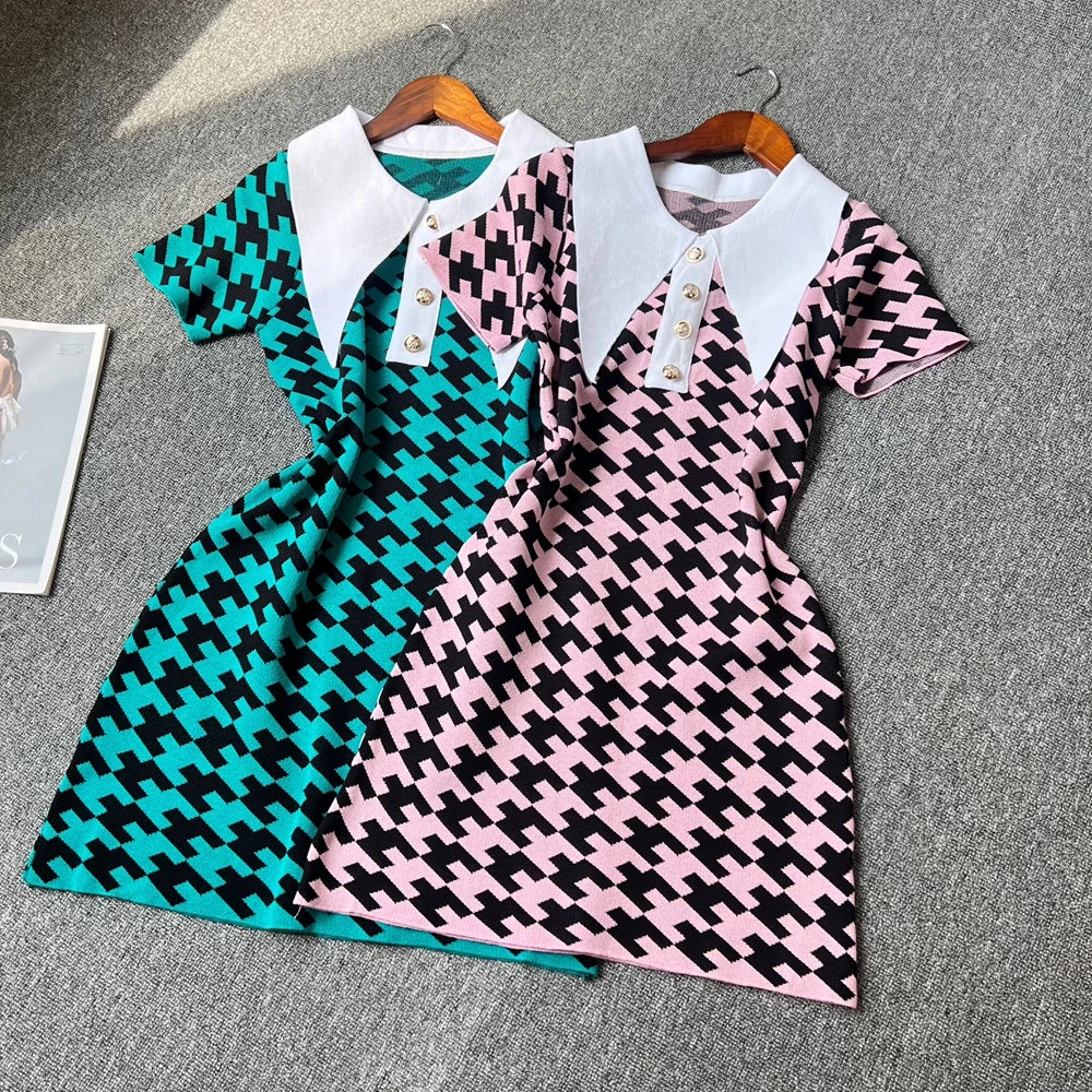 Houndstooth Collared Knit Mini Dress