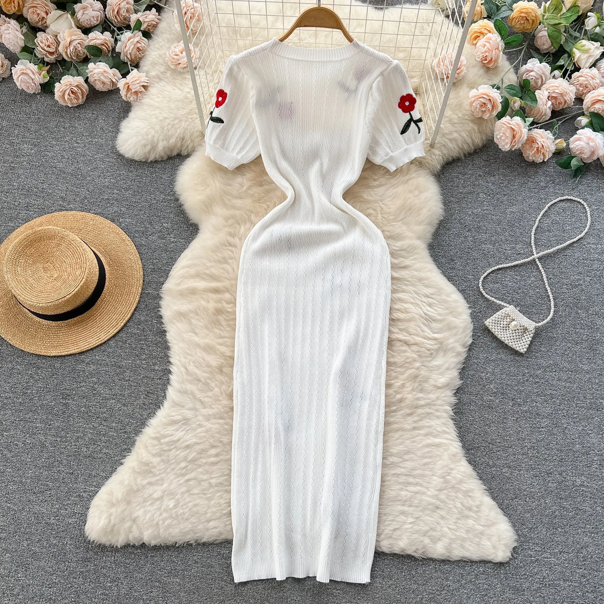 Embroidered Short Sleeve Knit Bodycon Dress