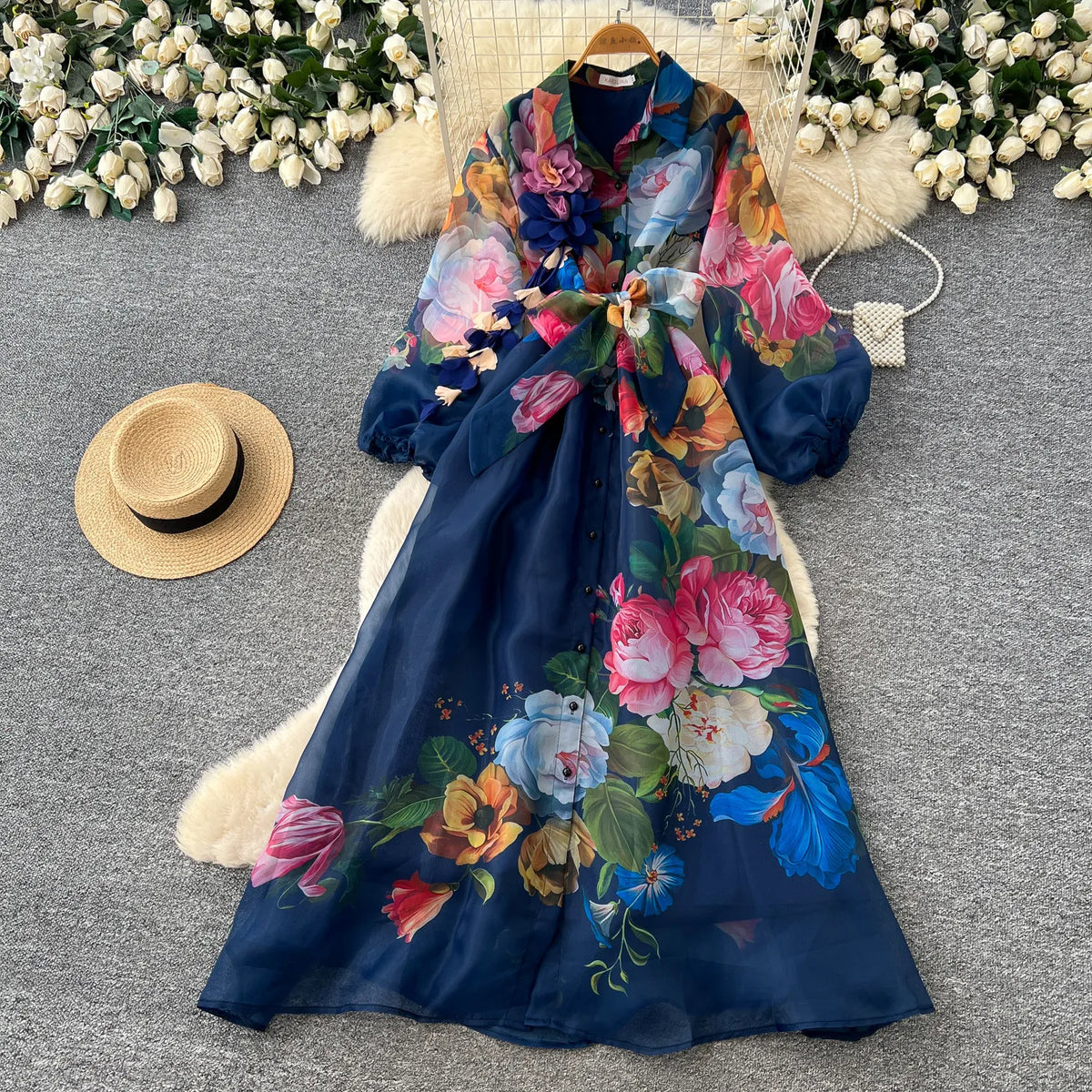 Print Tie-Waist Lantern Sleeve Maxi Dress