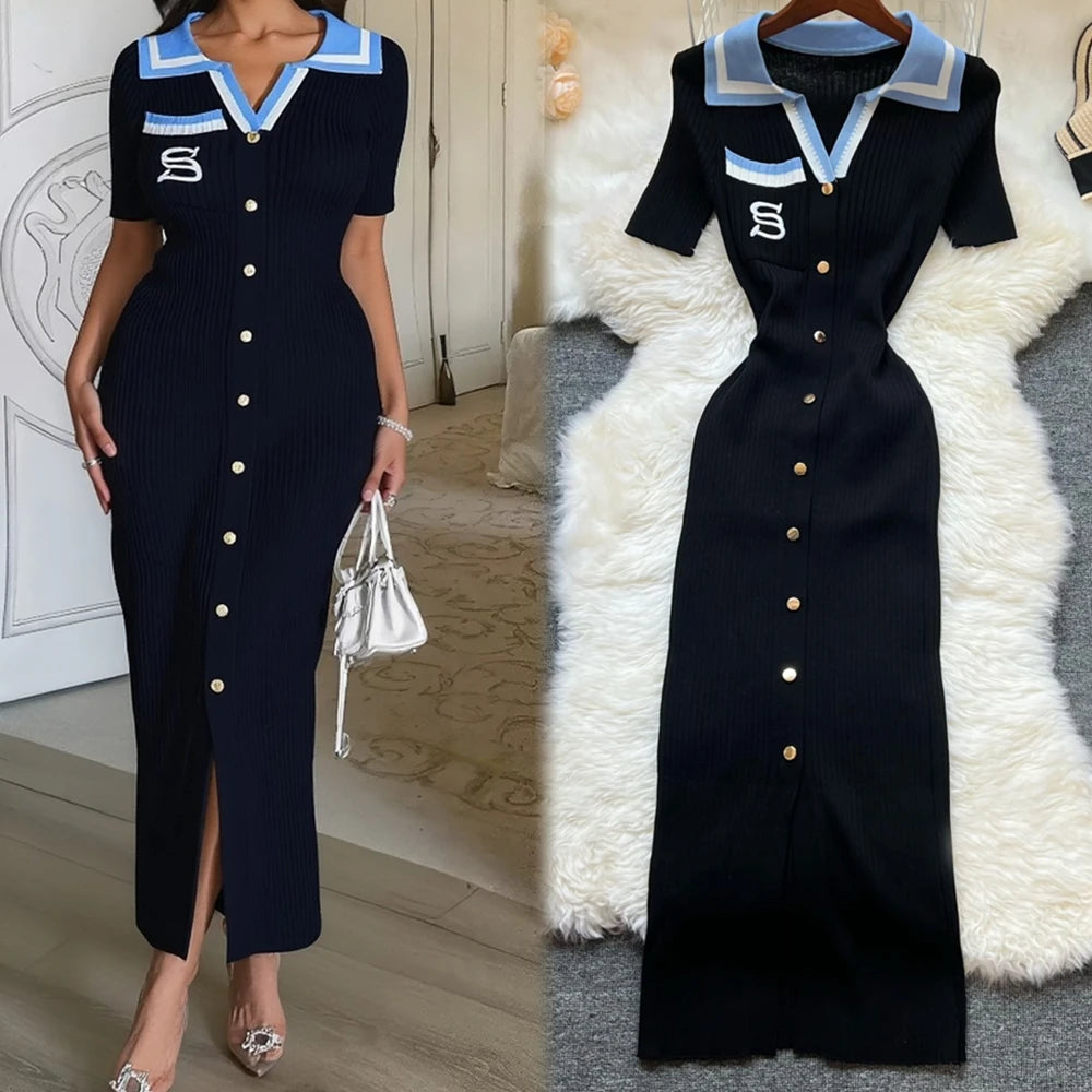 Embroidered Button Slit Knit Maxi Dress