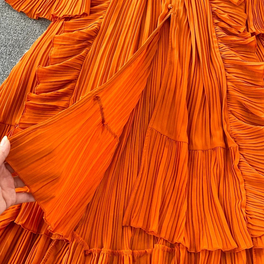 Ruffle V-Neck Long Sleeve A-Line Maxi Dress