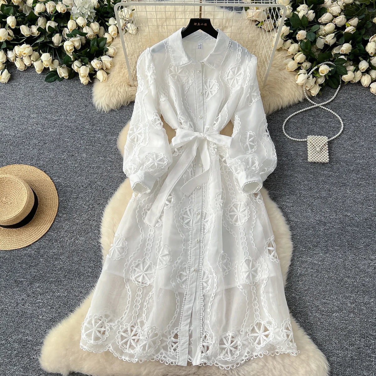 Embroidered Lapel Lantern Sleeve Long Dress