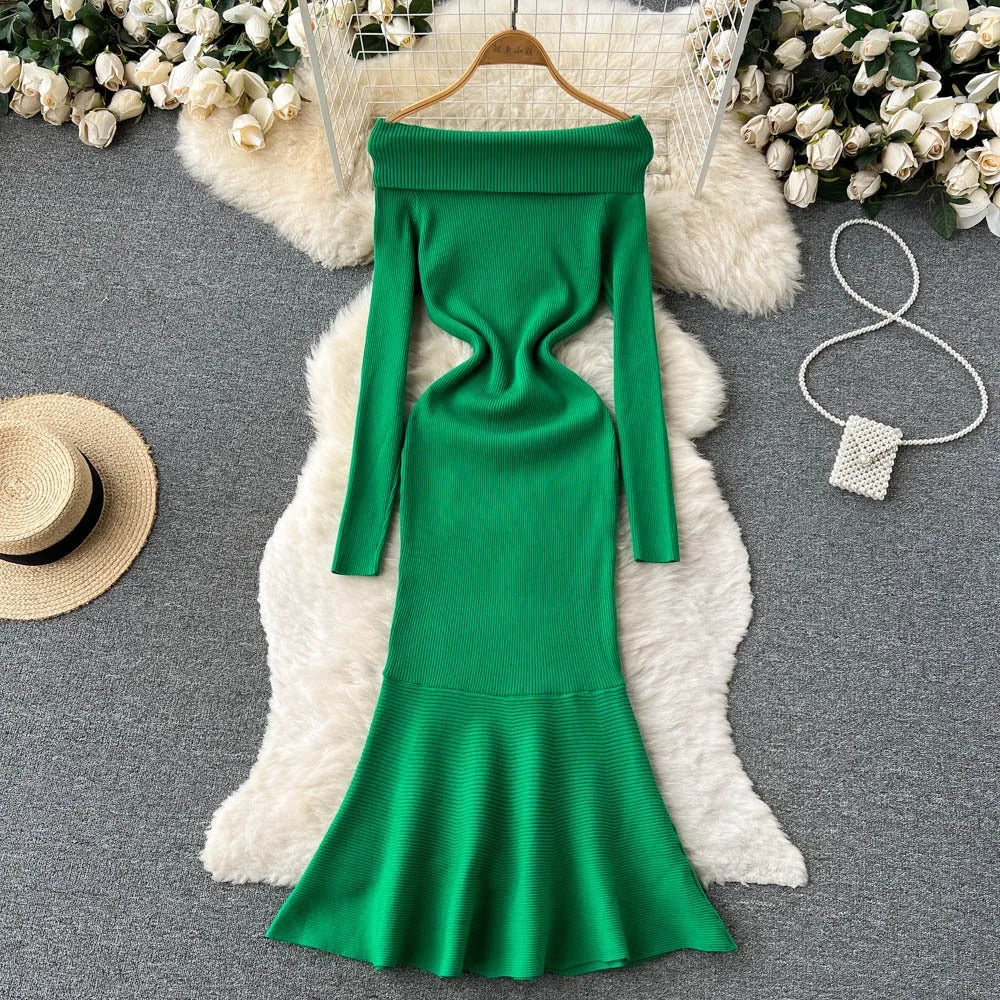 Off-Shoulder Long Sleeve Knit Mermaid Dress