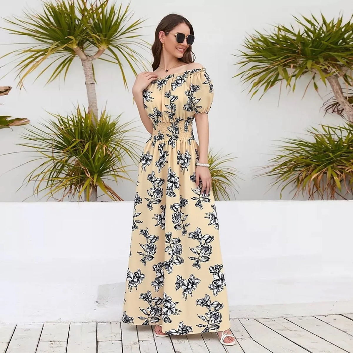 Floral Off-Shoulder Elastic Waist Maxi Dress