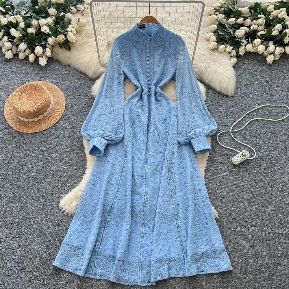Lace Button-Front Long Sleeve Party Dress