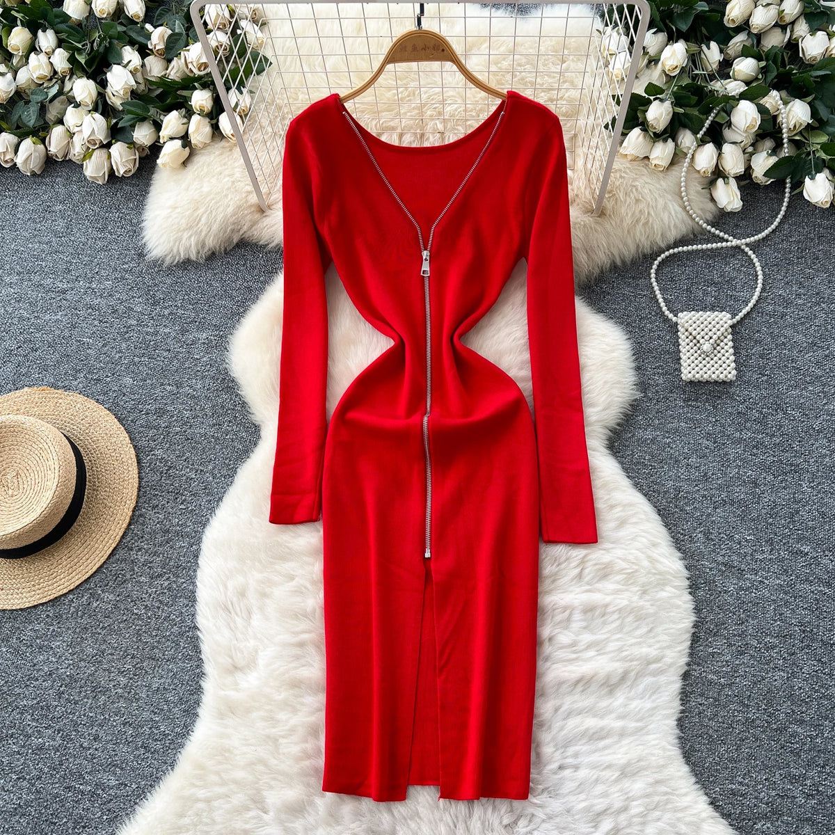 Solid Zip Front Long Sleeve Pencil Dress
