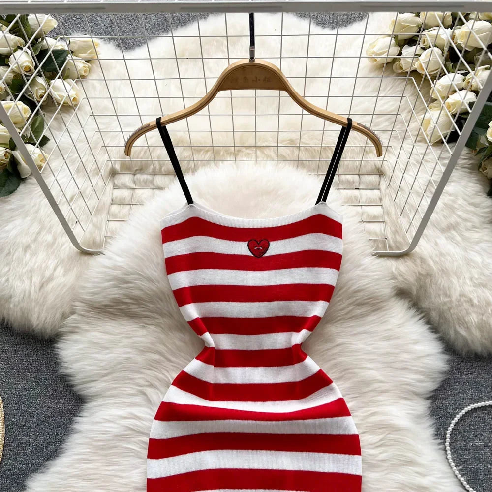 Embroidered Striped Knit Strappy Mini Dress