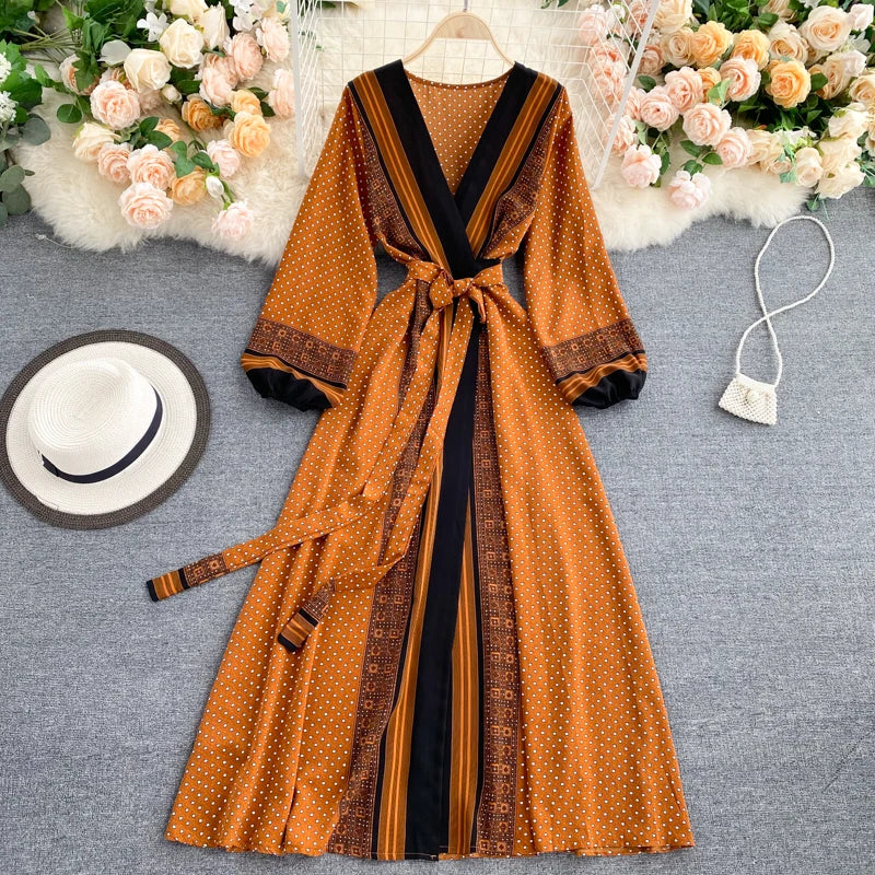 Print Puff Sleeve A-Line Midi Dress