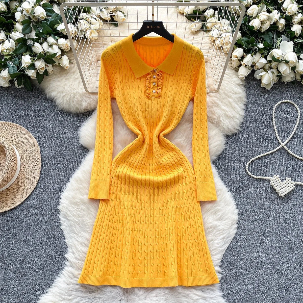 White Collared Knit A-Line Shirt Sweater Dress