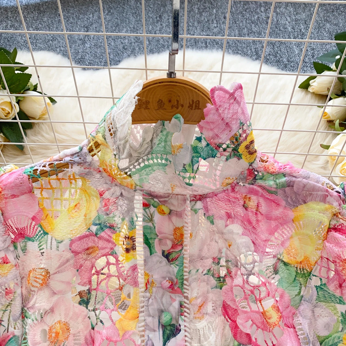 Crochet Lace Lantern Sleeve Mini Dress