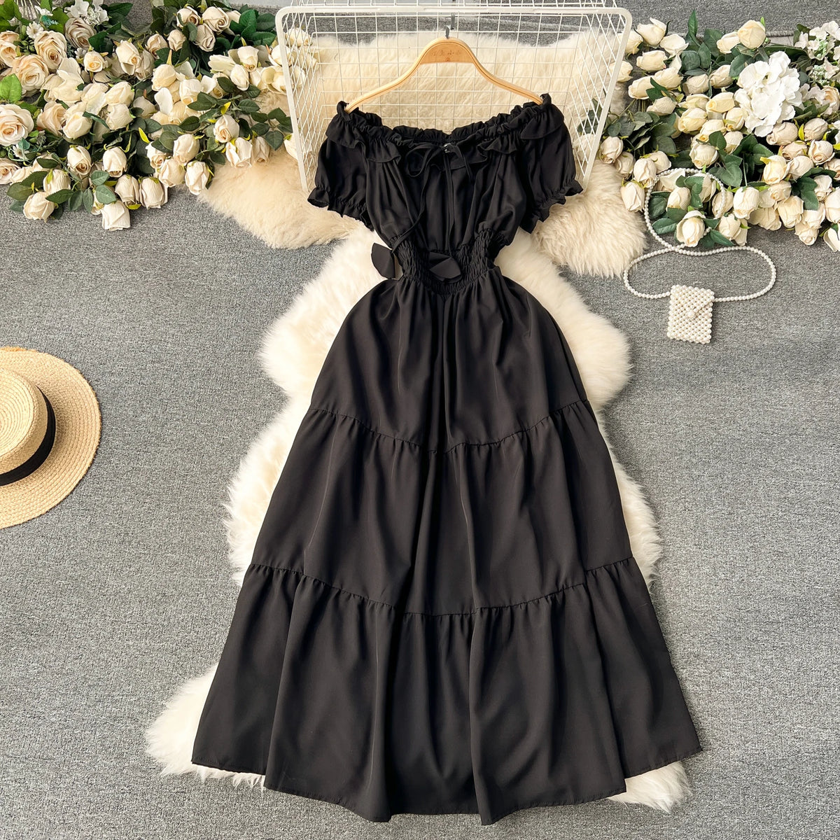 Chiffon Boat Neck Short Sleeve Dress