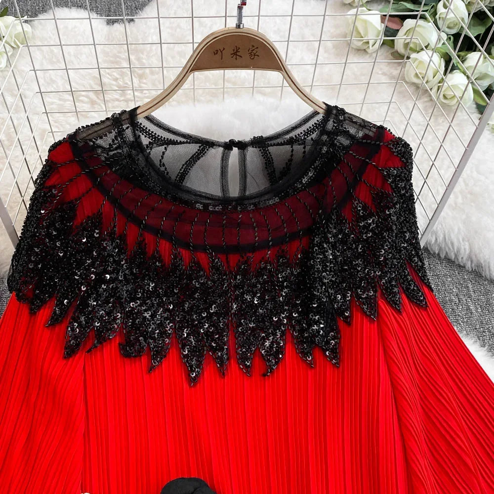 Rhinestone Lace-Up Lantern Sleeve Dress