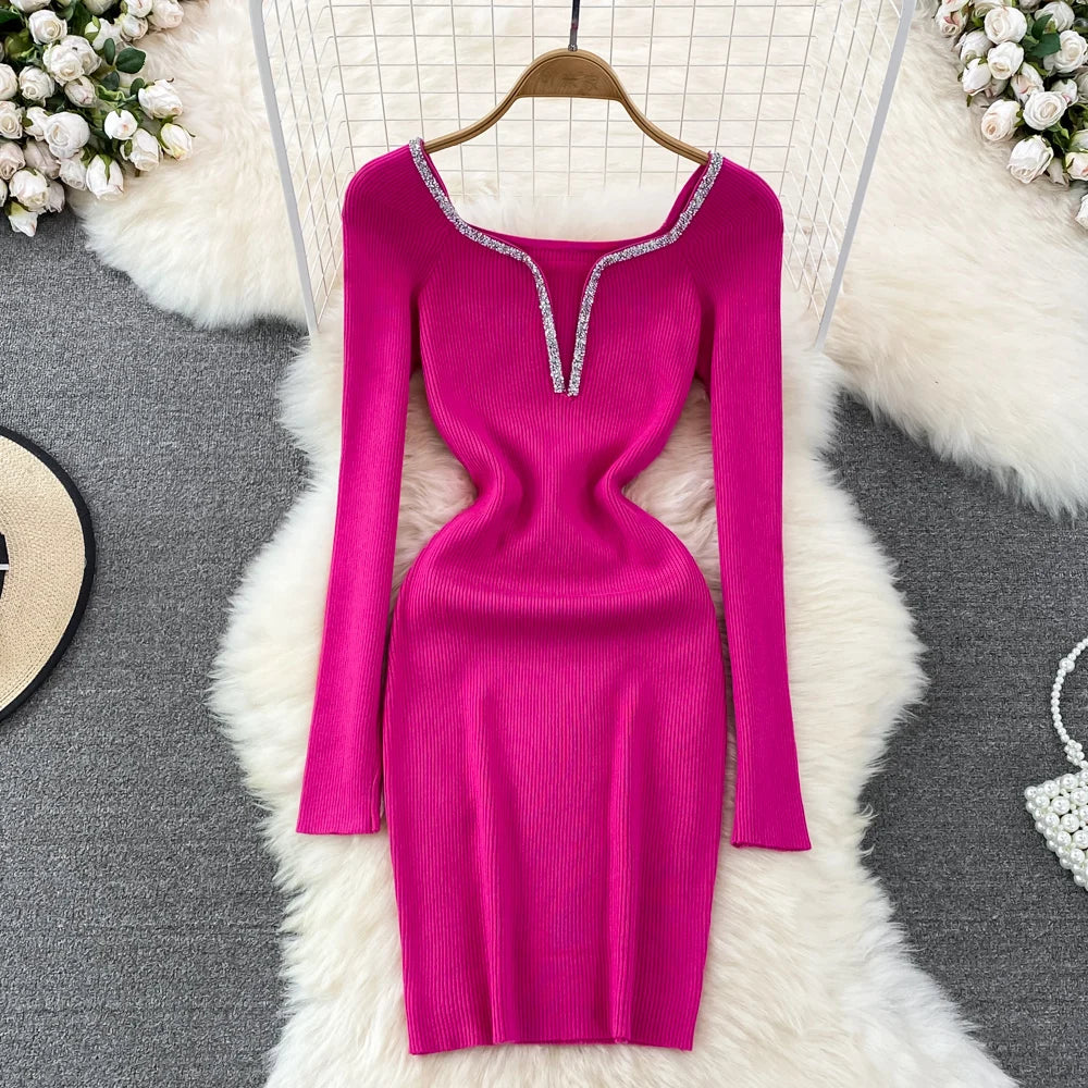 Glitter Knit V-Neck Bodycon Dress