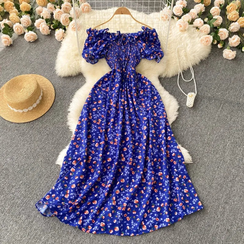 Vintage Floral Elastic Waist A-Line Maxi Dress