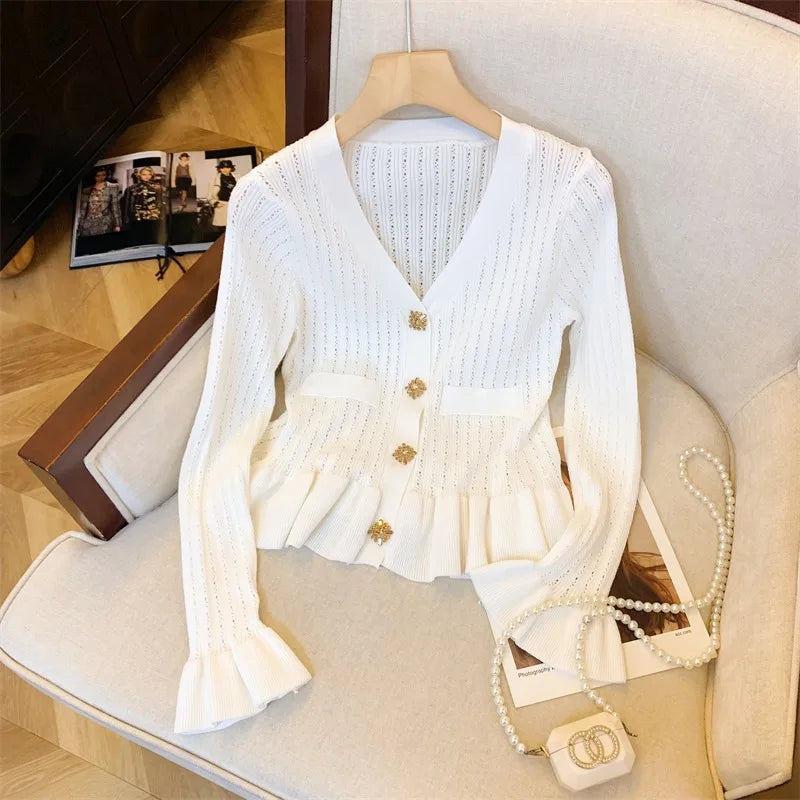 Rhinestone Ruffled V-Neck Cardigan