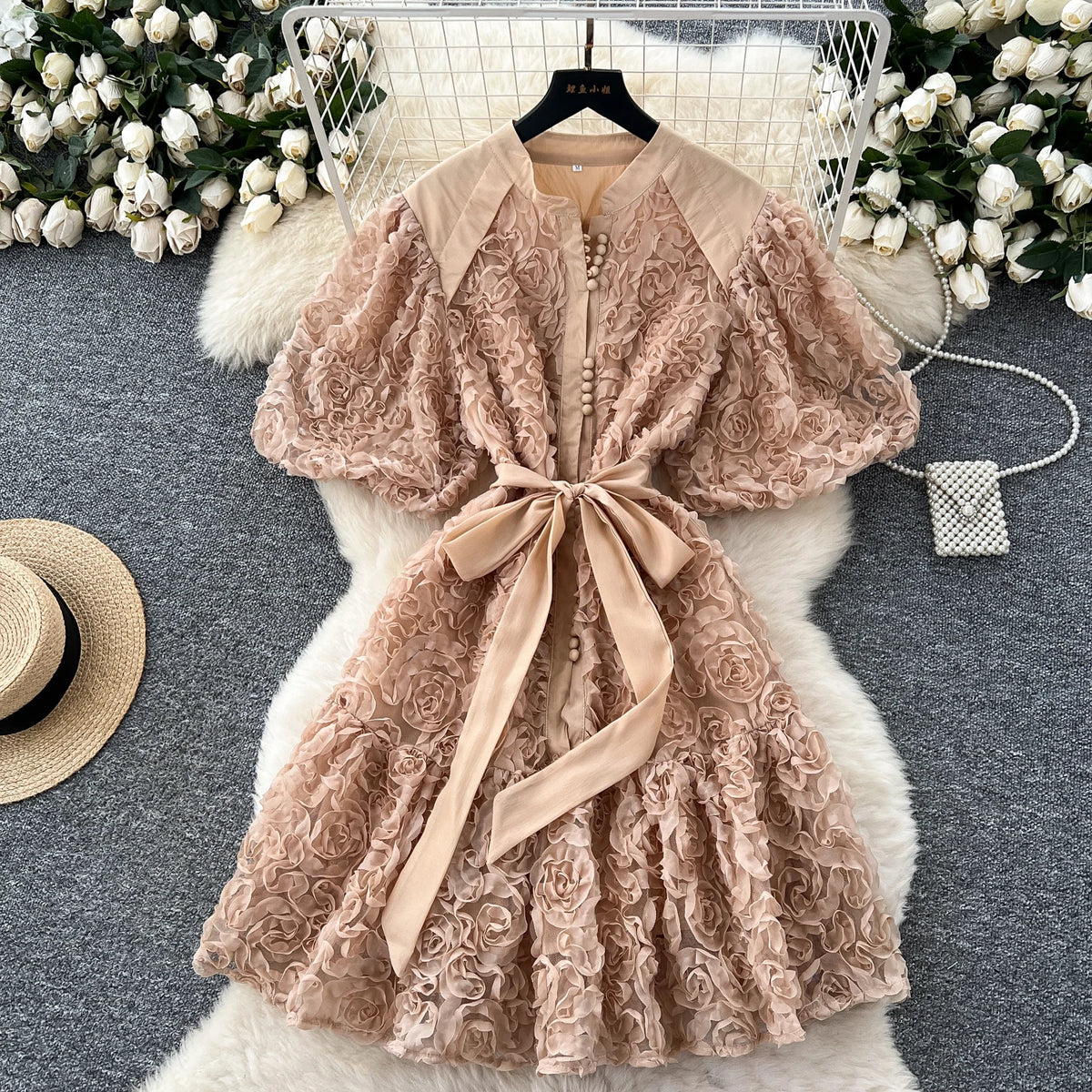 Floral Lace-Up Short Sleeve Party Dress