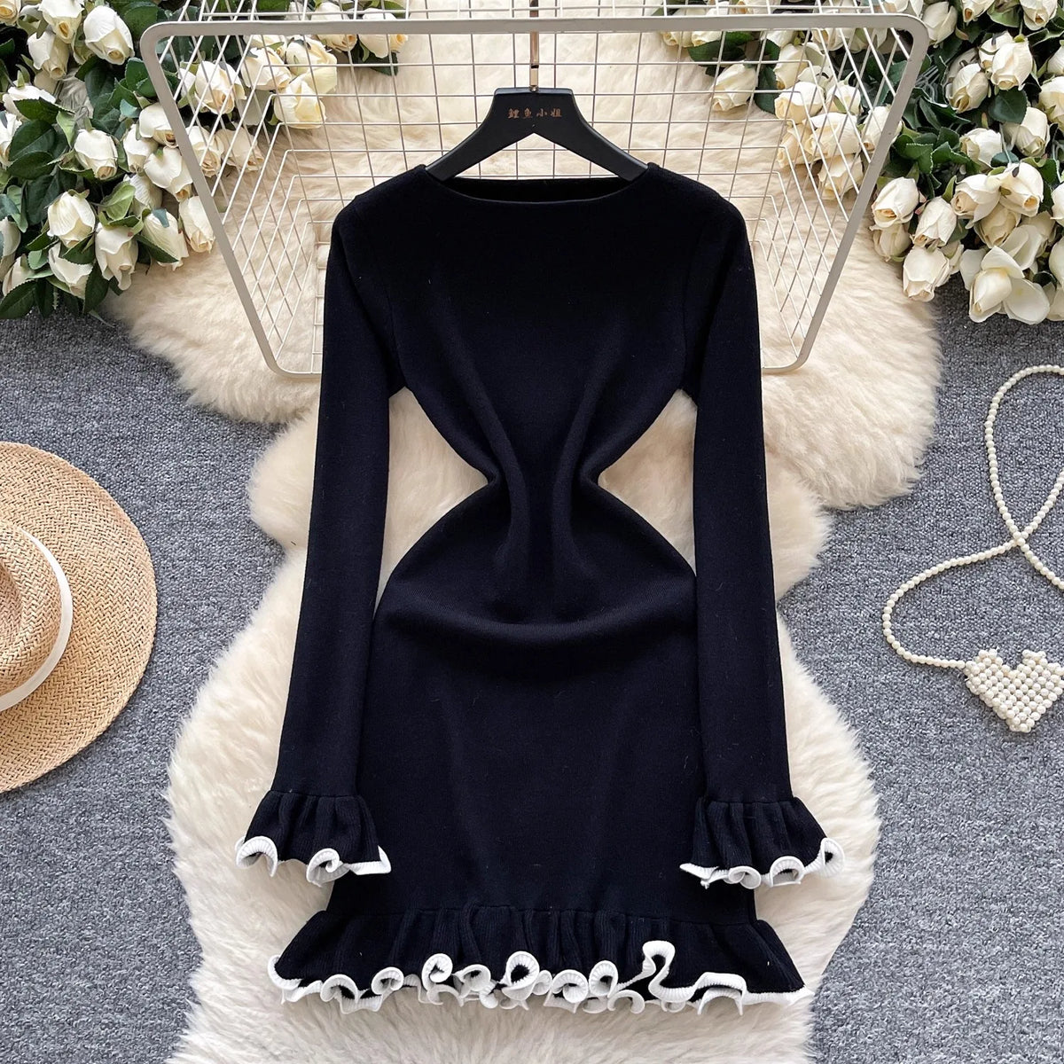 Crew Neck Ruffled Knit Bodycon Mini Dress