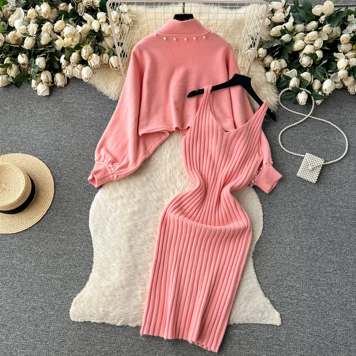 Long Sleeve Pencil Dress Two-Piece Set