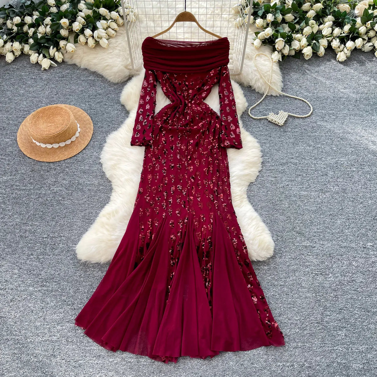 Off-Shoulder Sequin Pleated Mermaid Maxi Dress