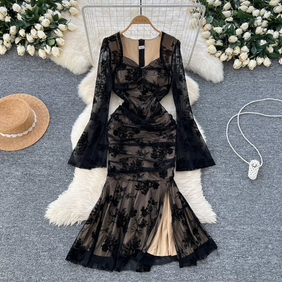 Print Pleated Short Sleeve Mermaid Dress