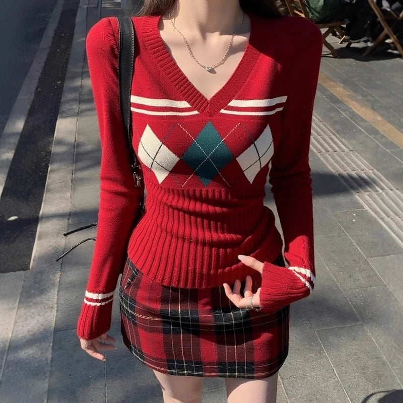 Geometric V-Neck Knit Sweater